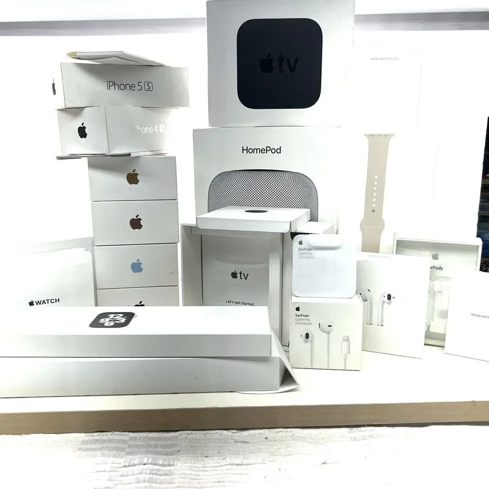 Lot of Apple BOXES ONLY: 6 iPhones, 4 Watches, TV, 2 AirPods, Charger, Home Pod